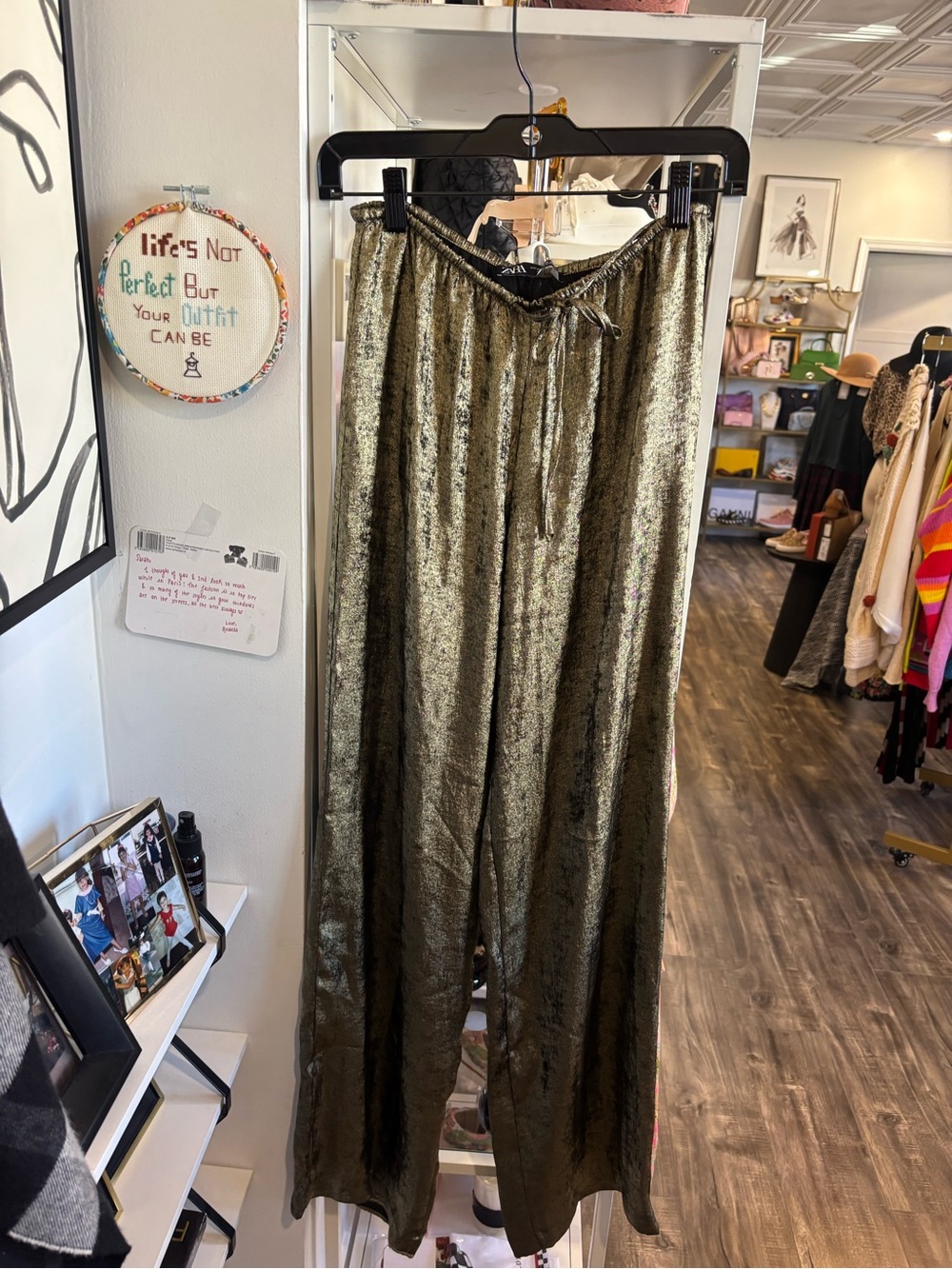 Zara Olive Metallic Wide-Leg Velvet Pants